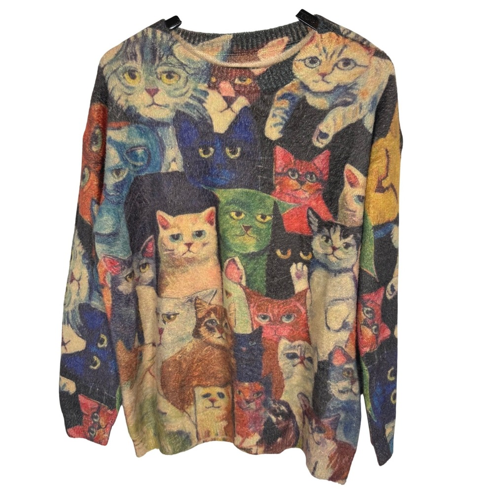 Quirky Cat All-Over Novelty Print Cotton Wool Sweater Est L Eclectic Art Teacher